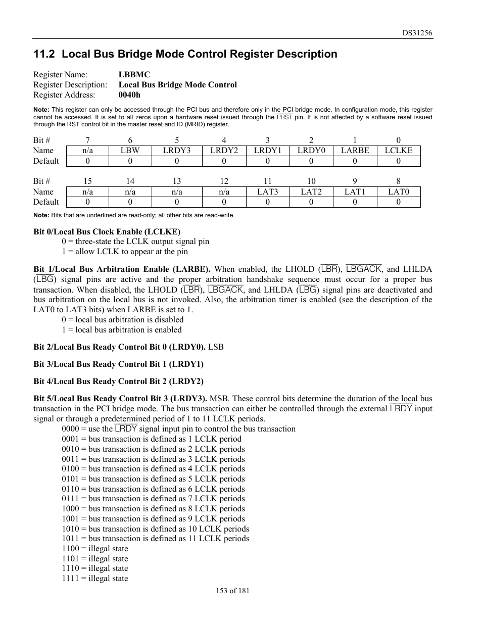 Local bus bridge mode control register description, Ocal, Ridge | Ontrol, Egister, Escription, H is described in section | Rainbow Electronics DS31256 User Manual | Page 153 / 181