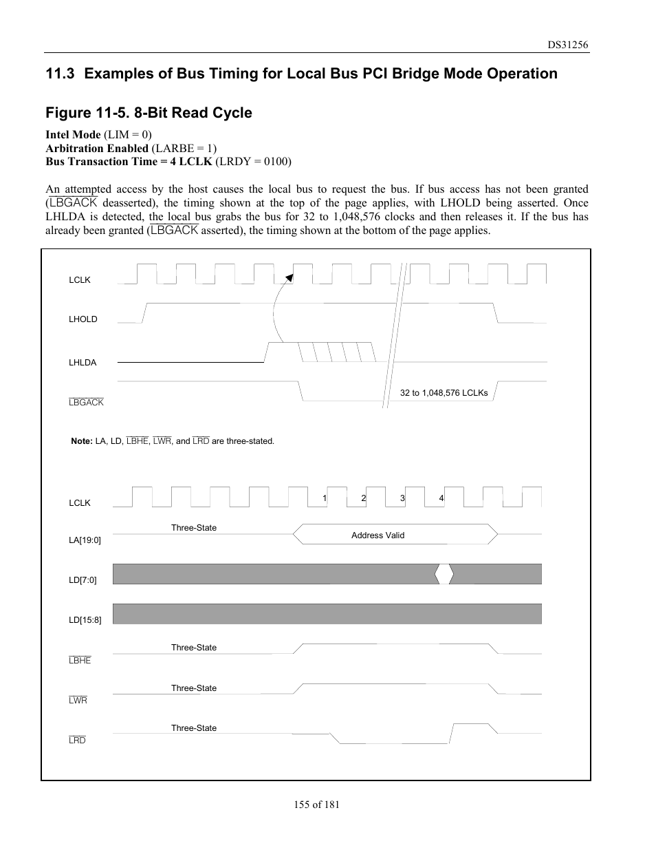 Xamples of, Iming for, Ocal | Pci b, Ridge, Peration, Figure 11-5. 8-bit read cycle, Tion | Rainbow Electronics DS31256 User Manual | Page 155 / 181