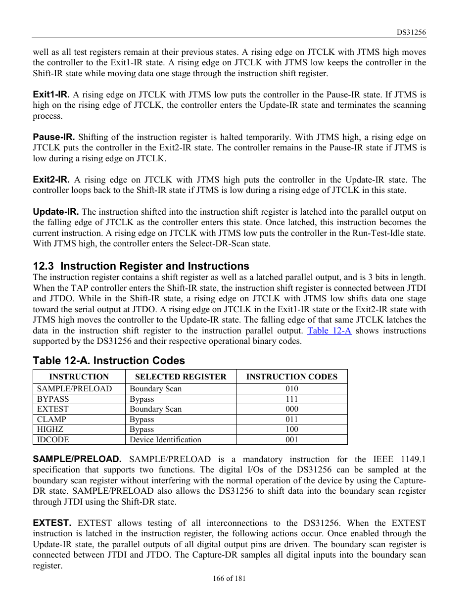 Instruction register and instructions, Nstruction, Egister and | Nstructions, Table 12-a. instruction codes, 3 instruction register and instructions | Rainbow Electronics DS31256 User Manual | Page 166 / 181