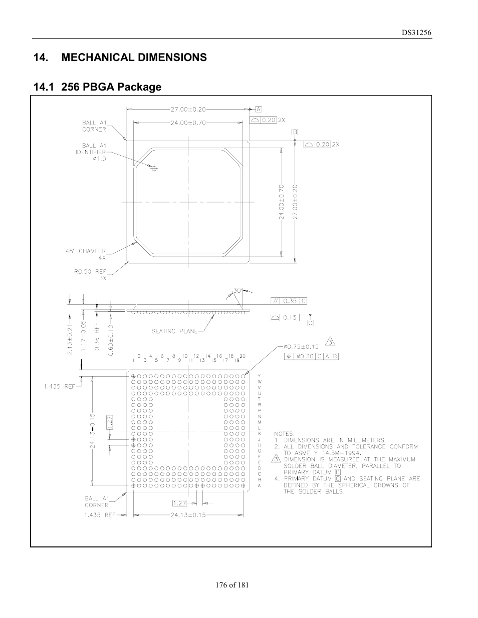 Mechanical dimensions, 256 pbga package, 256 pbga p | Ackage, 1 256 pbga package | Rainbow Electronics DS31256 User Manual | Page 176 / 181