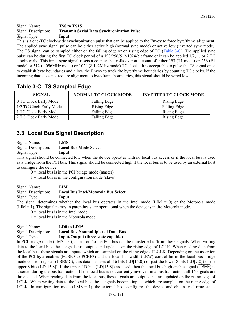 Local bus signal description, Ocal, Ignal | Escription, Table 3-c. ts sampled edge, 3 local bus signal description | Rainbow Electronics DS31256 User Manual | Page 19 / 181