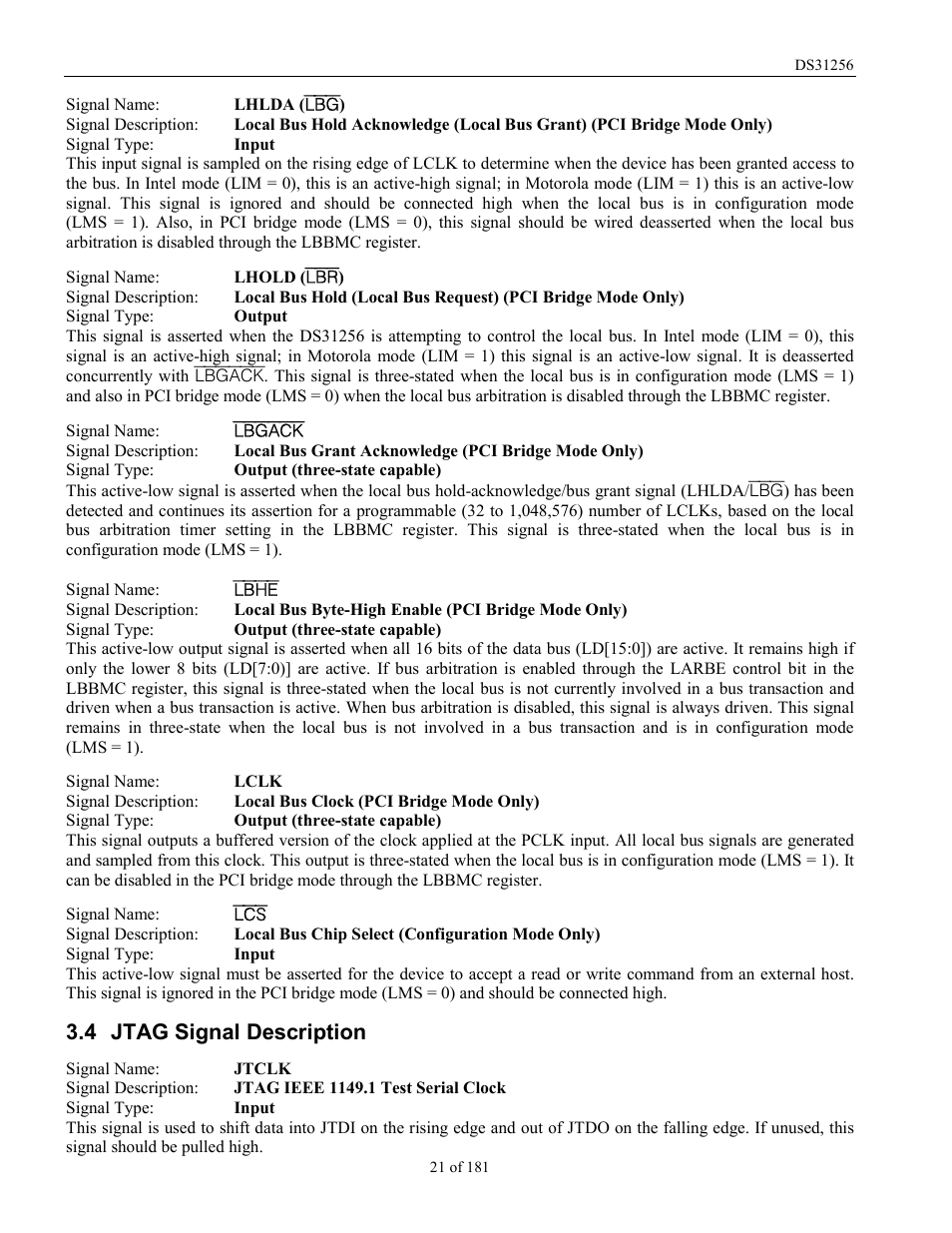 Jtag signal description, Jtag s, Ignal | Escription, 4 jtag signal description | Rainbow Electronics DS31256 User Manual | Page 21 / 181