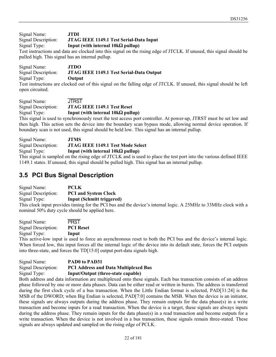 Pci bus signal description, Pci b, Ignal | Escription, 5 pci bus signal description | Rainbow Electronics DS31256 User Manual | Page 22 / 181