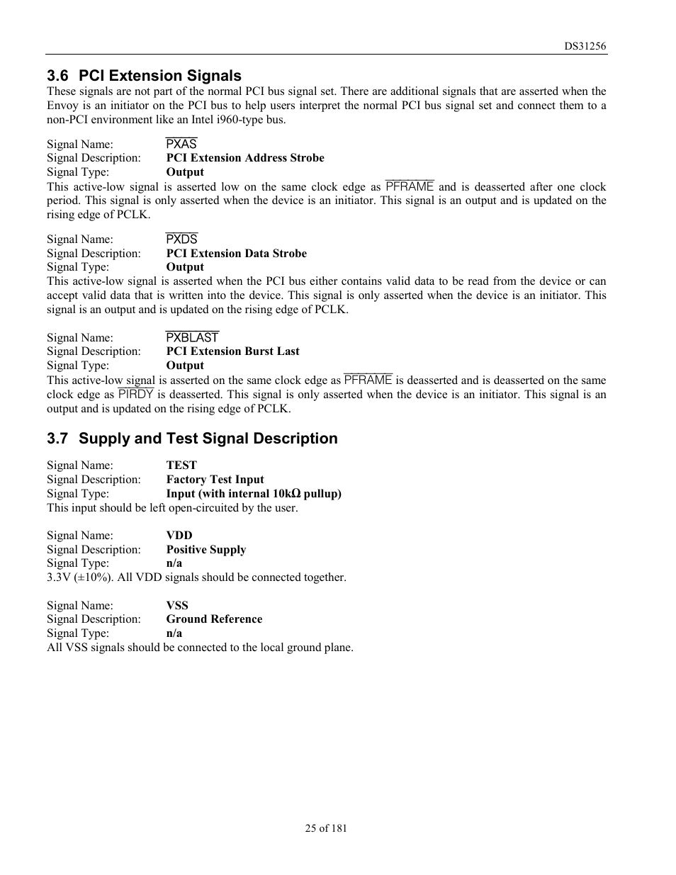 Pci extension signals, Supply and test signal description, Pci e | Xtension, Ignals, Upply and, Ignal, Escription, 6 pci extension signals, 7 supply and test signal description | Rainbow Electronics DS31256 User Manual | Page 25 / 181