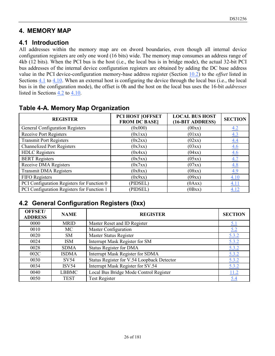 Memory map, Introduction, General configuration registers (0xx) | Ntroduction, Eneral, Onfiguration, Egisters, Table 4-a. memory map organization, 1 introduction, 2 general configuration registers (0xx) | Rainbow Electronics DS31256 User Manual | Page 26 / 181