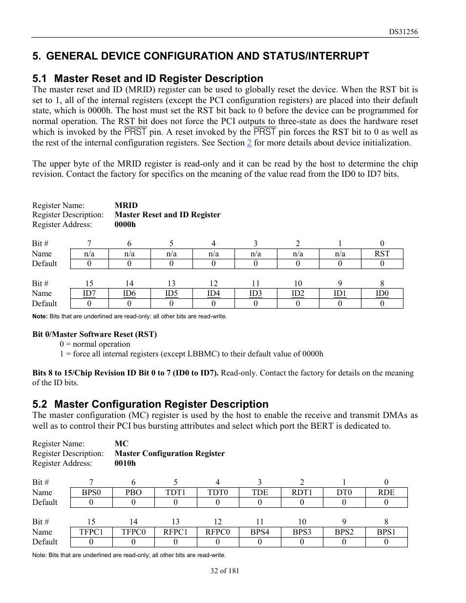 General device configuration and status/interrupt, Master reset and id register description, Master configuration register description | Aster, Eset and, Id r, Egister, Escription, Onfiguration, 1 master reset and id register description | Rainbow Electronics DS31256 User Manual | Page 32 / 181