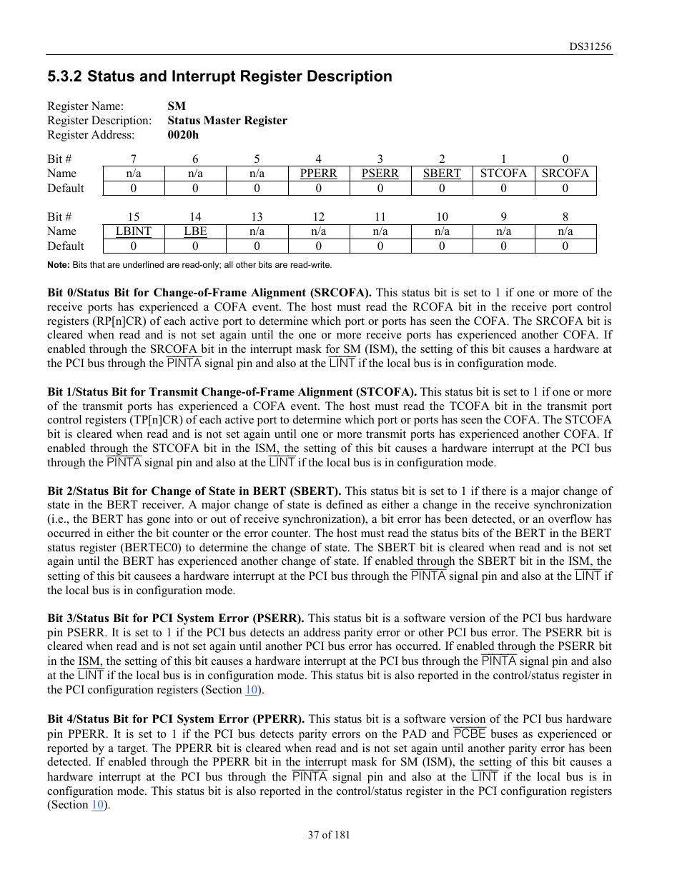 Status and interrupt register description, 2 status and interrupt register description | Rainbow Electronics DS31256 User Manual | Page 37 / 181