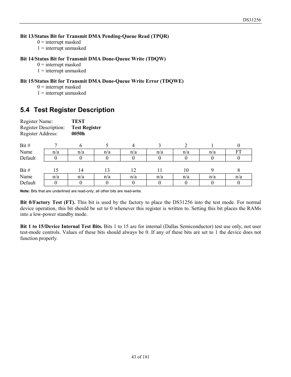 Test register description, Egister, Escription | 4 test register description | Rainbow Electronics DS31256 User Manual | Page 43 / 181