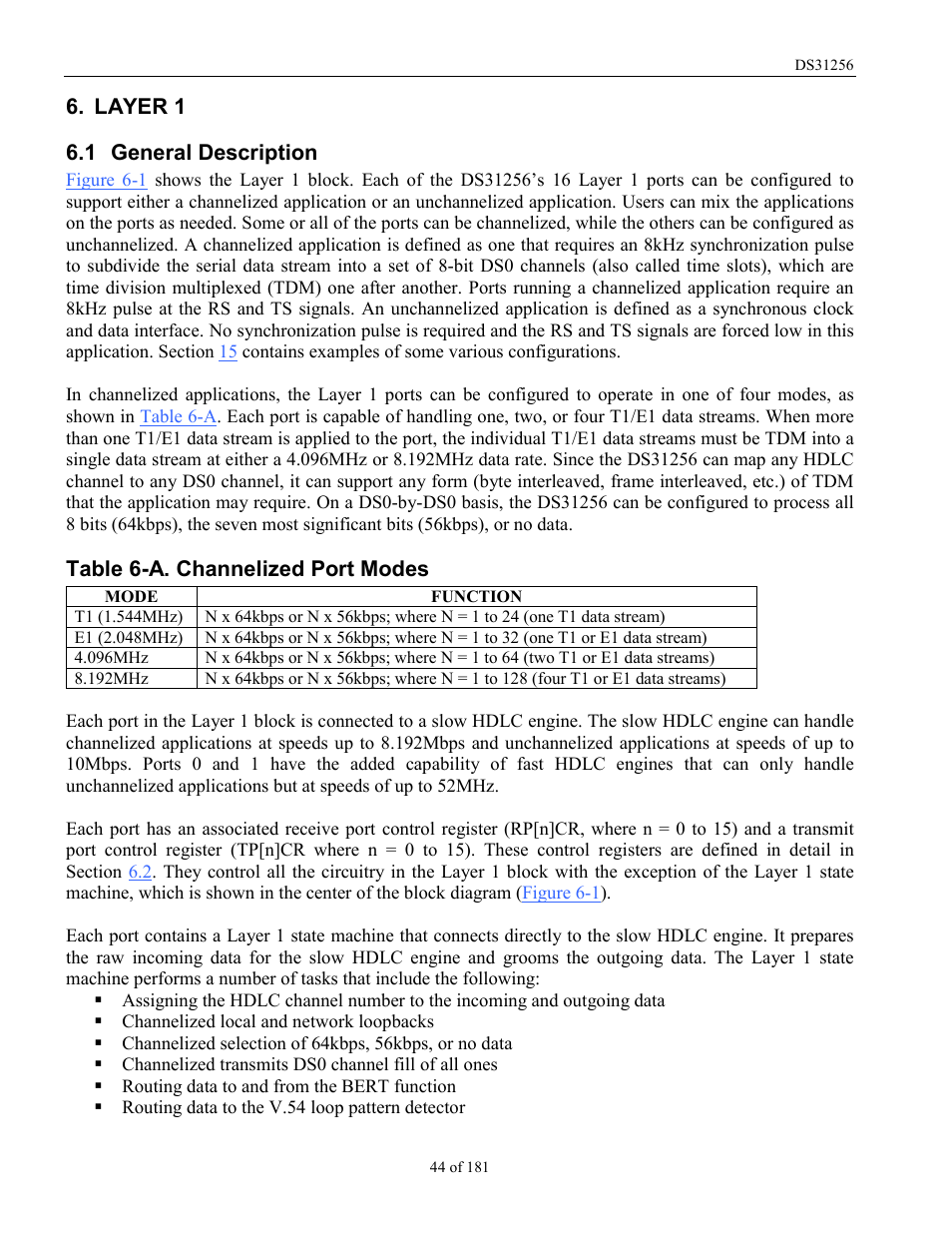 Layer 1, General description, Eneral | Escription, Table 6-a. channelized port modes | Rainbow Electronics DS31256 User Manual | Page 44 / 181
