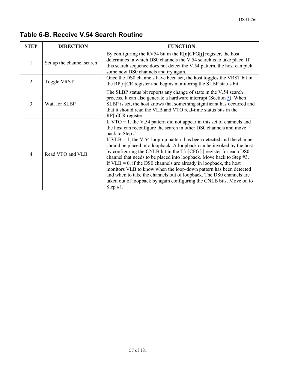 Table 6-b. receive v.54 search routine, Table 6-b | Rainbow Electronics DS31256 User Manual | Page 57 / 181