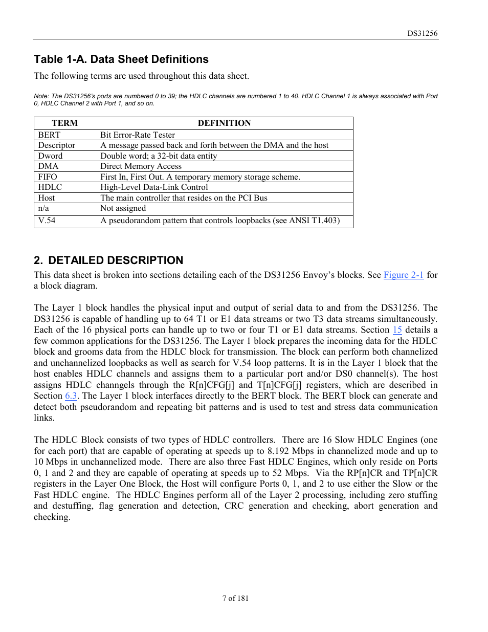 Detailed description, Table 1-a. data sheet definitions | Rainbow Electronics DS31256 User Manual | Page 7 / 181