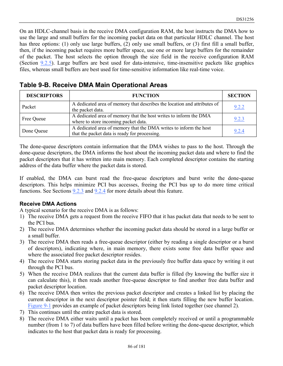 Table 9-b. receive dma main operational areas, Table 9-b | Rainbow Electronics DS31256 User Manual | Page 86 / 181