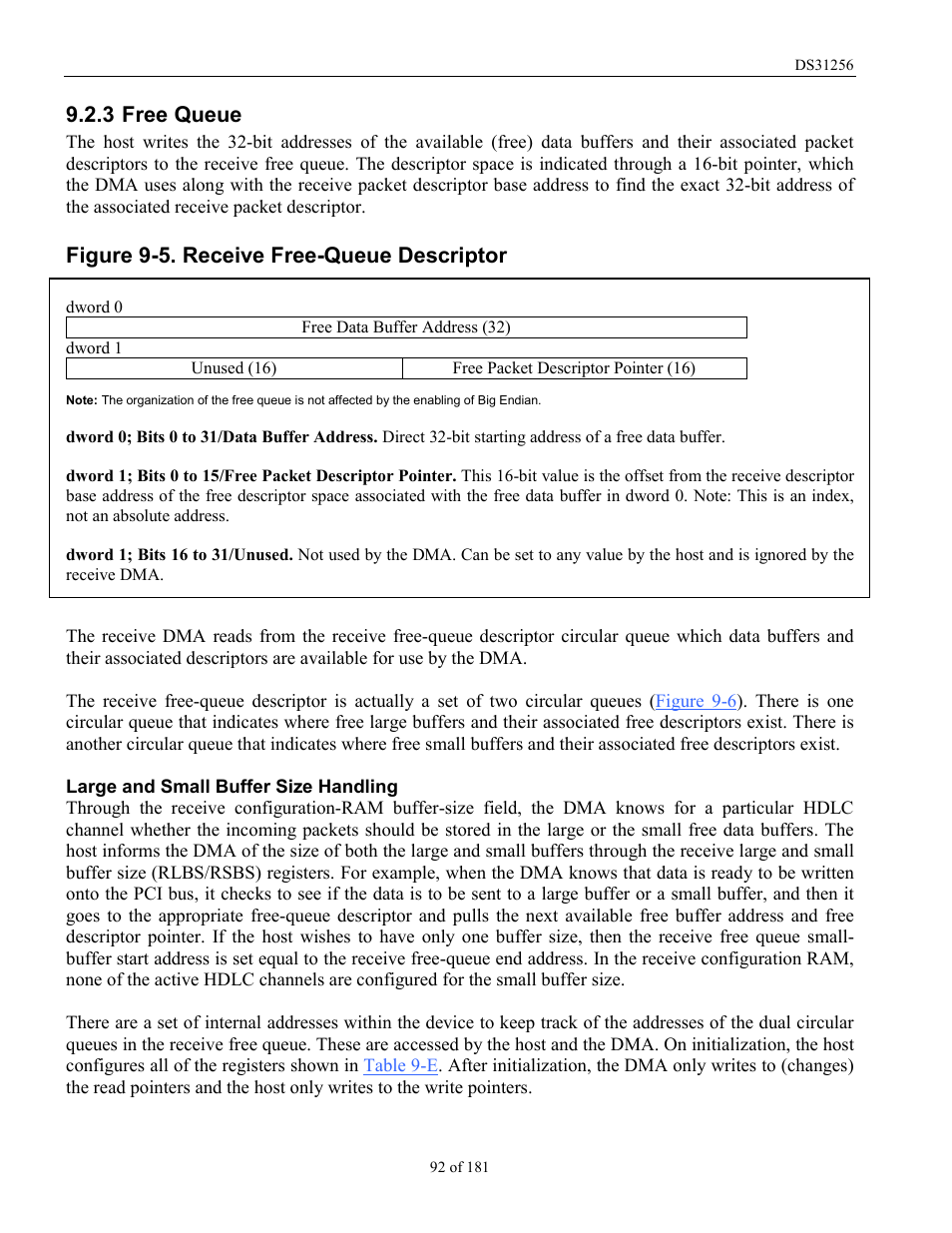 Free queue, Figure 9-5. receive free-queue descriptor, 3 free queue | Rainbow Electronics DS31256 User Manual | Page 92 / 181