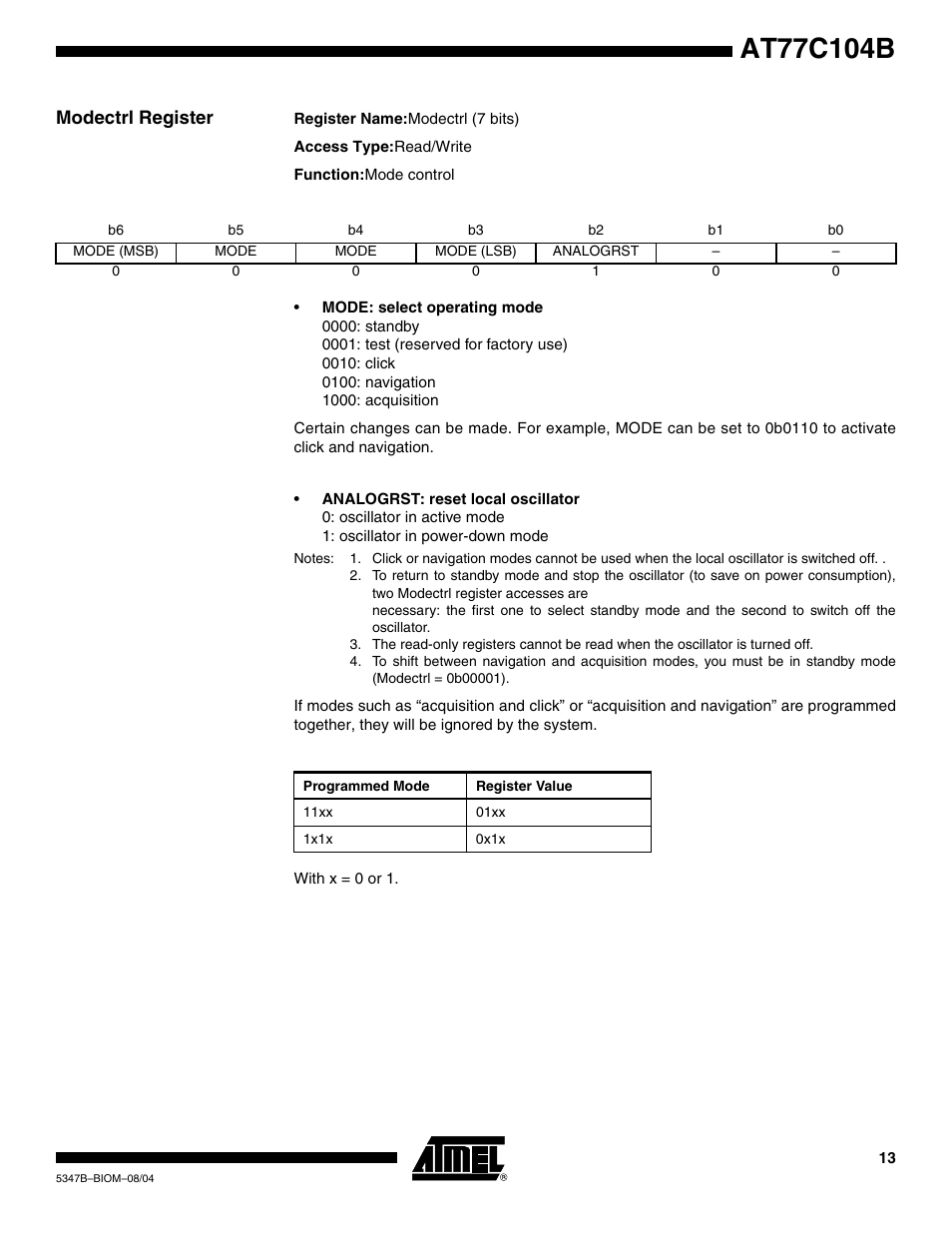 Modectrl register | Rainbow Electronics AT77C104B User Manual | Page 13 / 36