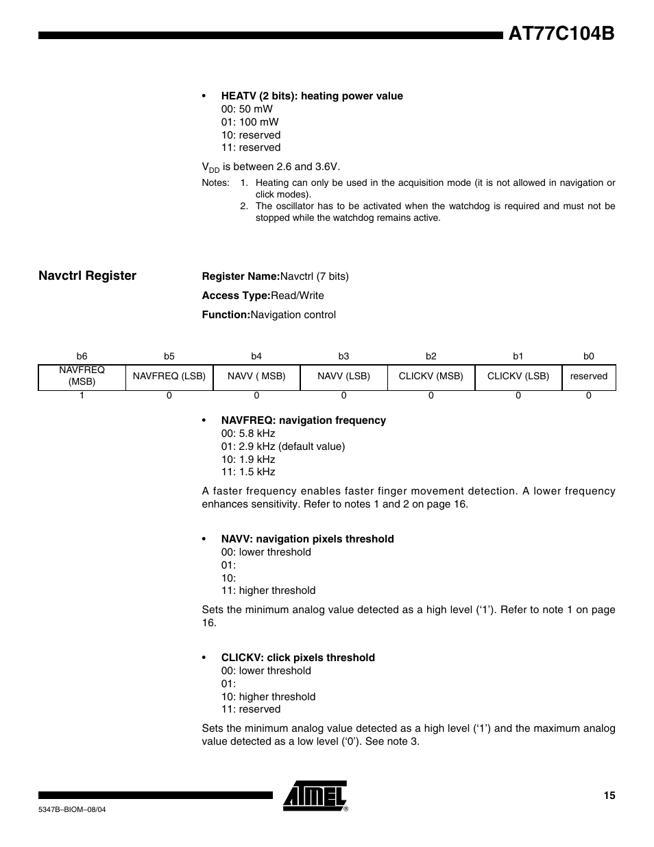 Navctrl register | Rainbow Electronics AT77C104B User Manual | Page 15 / 36