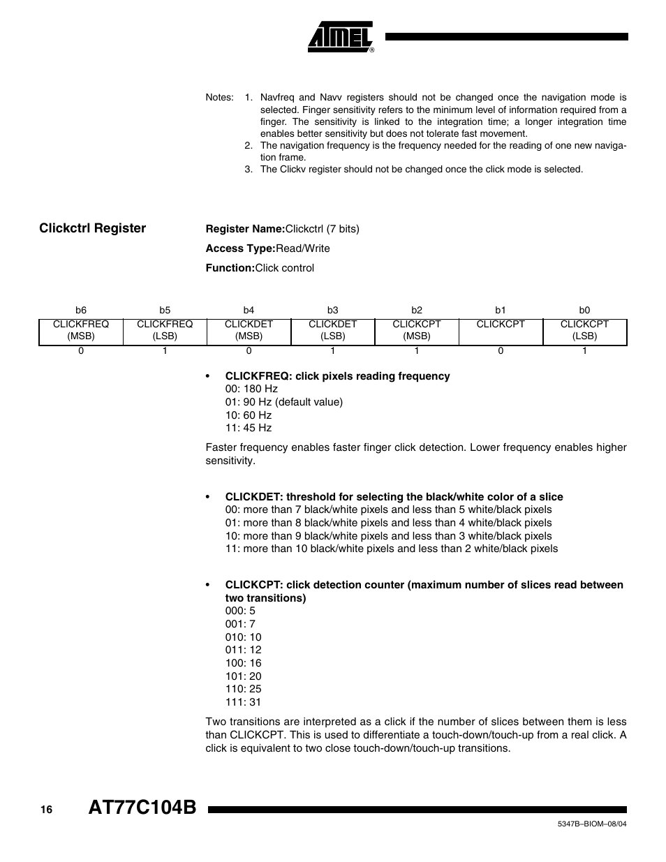 Clickctrl register | Rainbow Electronics AT77C104B User Manual | Page 16 / 36