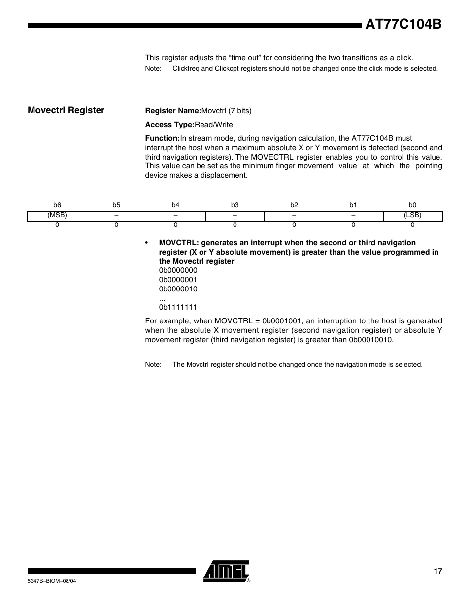 Movectrl register | Rainbow Electronics AT77C104B User Manual | Page 17 / 36