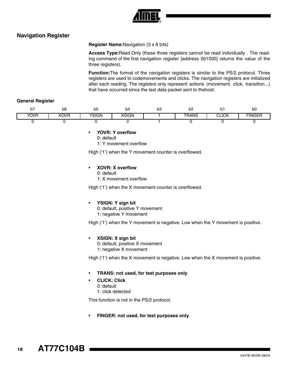 Navigation register, General register | Rainbow Electronics AT77C104B User Manual | Page 18 / 36