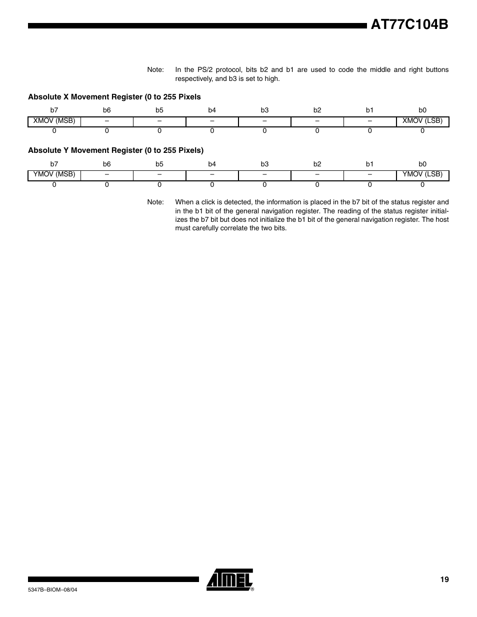 Absolute x movement register (0 to 255 pixels), Absolute y movement register (0 to 255 pixels) | Rainbow Electronics AT77C104B User Manual | Page 19 / 36