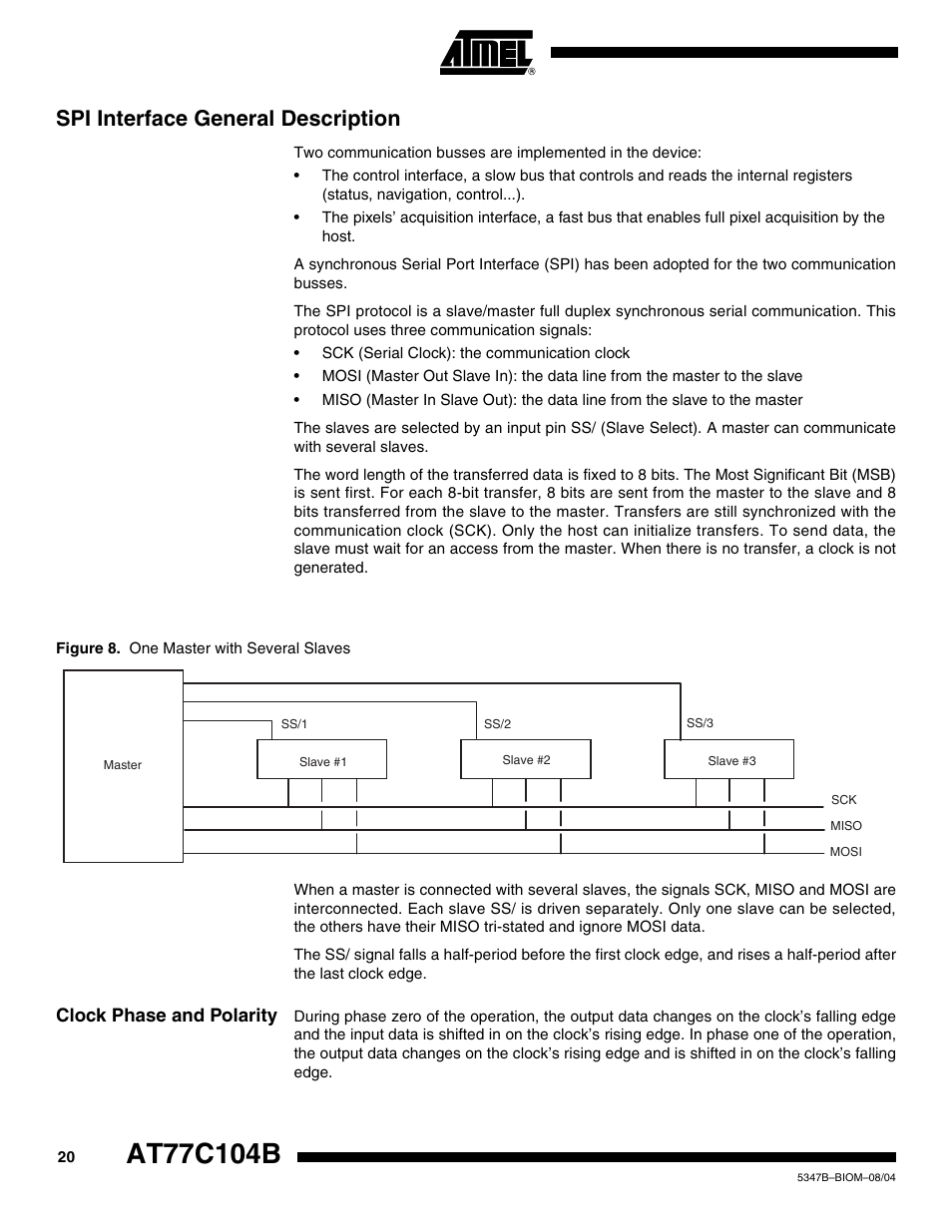 Spi interface general description, Clock phase and polarity | Rainbow Electronics AT77C104B User Manual | Page 20 / 36