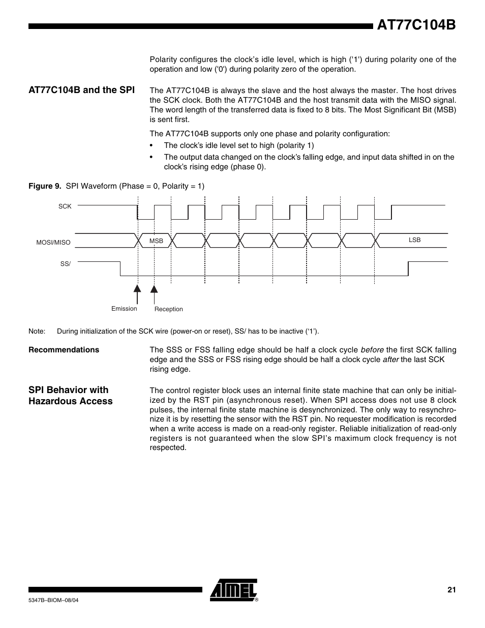 At77c104b and the spi, Recommendations, Spi behavior with hazardous access | Rainbow Electronics AT77C104B User Manual | Page 21 / 36