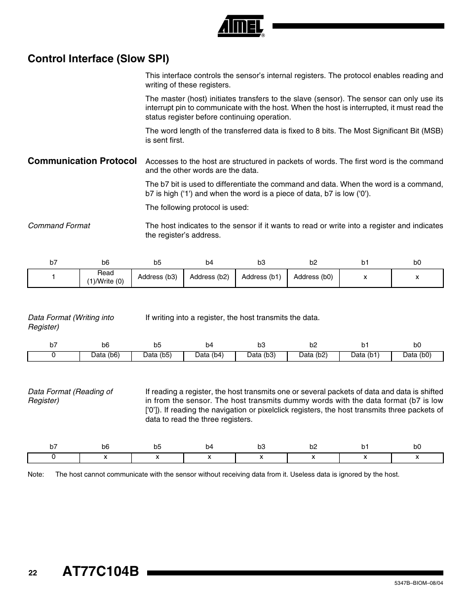 Control interface (slow spi), Communication protocol, Command format | Data format (writing into register), Data format (reading of register) | Rainbow Electronics AT77C104B User Manual | Page 22 / 36
