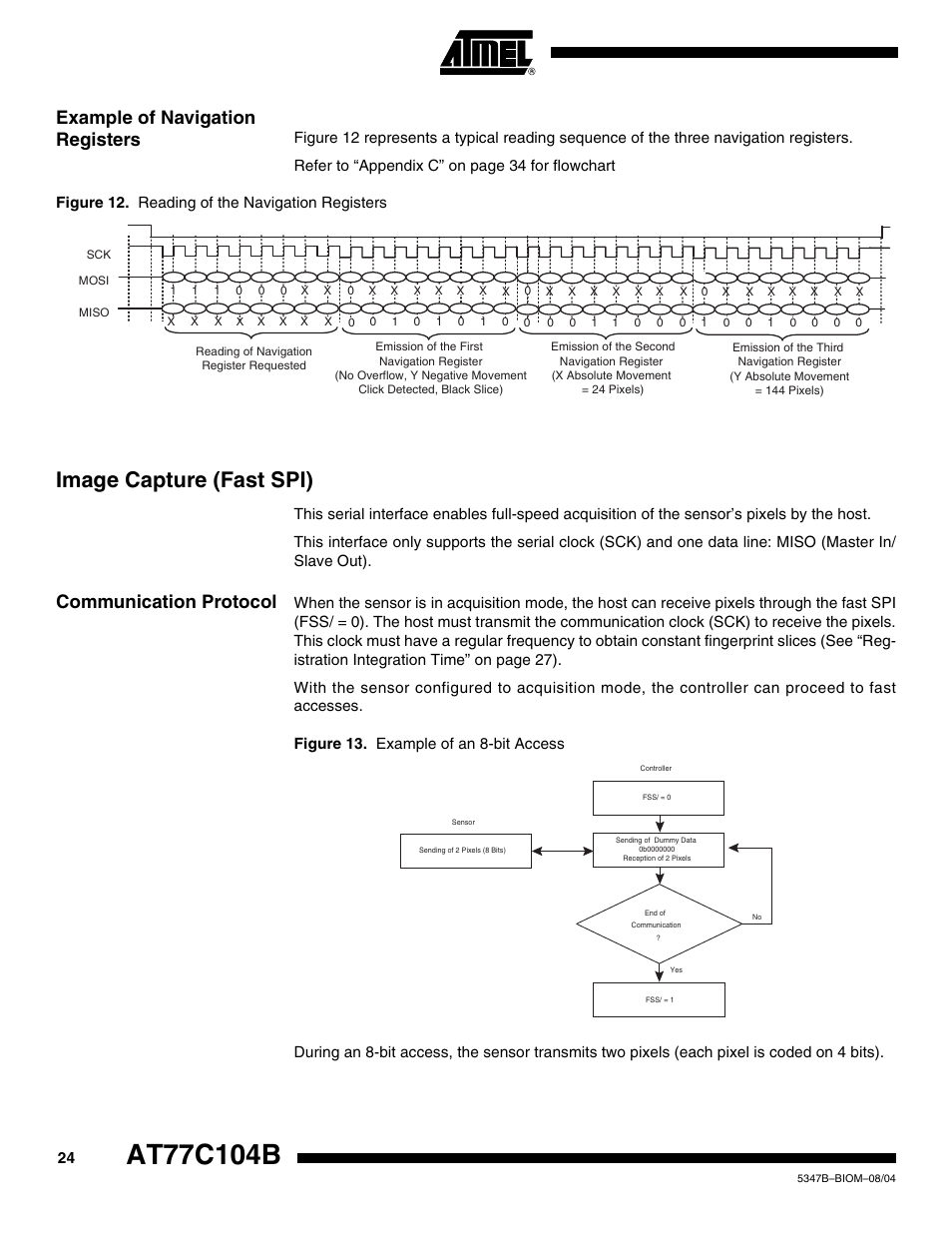 Example of navigation registers, Image capture (fast spi), Communication protocol | Rainbow Electronics AT77C104B User Manual | Page 24 / 36