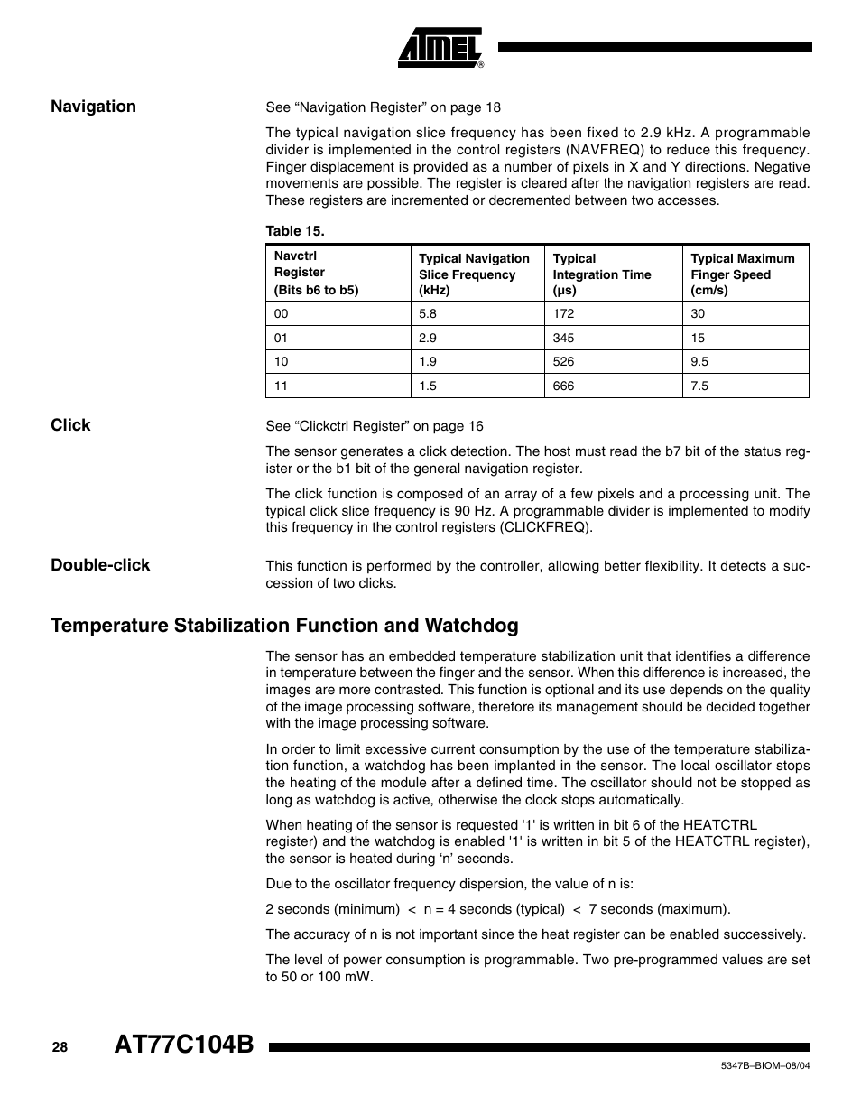 Navigation, Click, Double-click | Temperature stabilization function and watchdog | Rainbow Electronics AT77C104B User Manual | Page 28 / 36