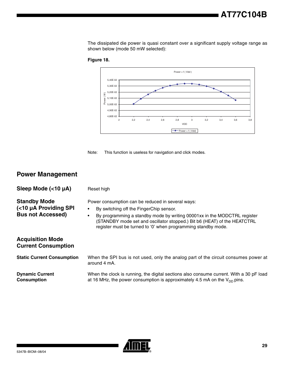 Power management, Sleep mode (<10 µa), Acquisition mode current consumption | Static current consumption, Dynamic current consumption, Reset high, Pins | Rainbow Electronics AT77C104B User Manual | Page 29 / 36