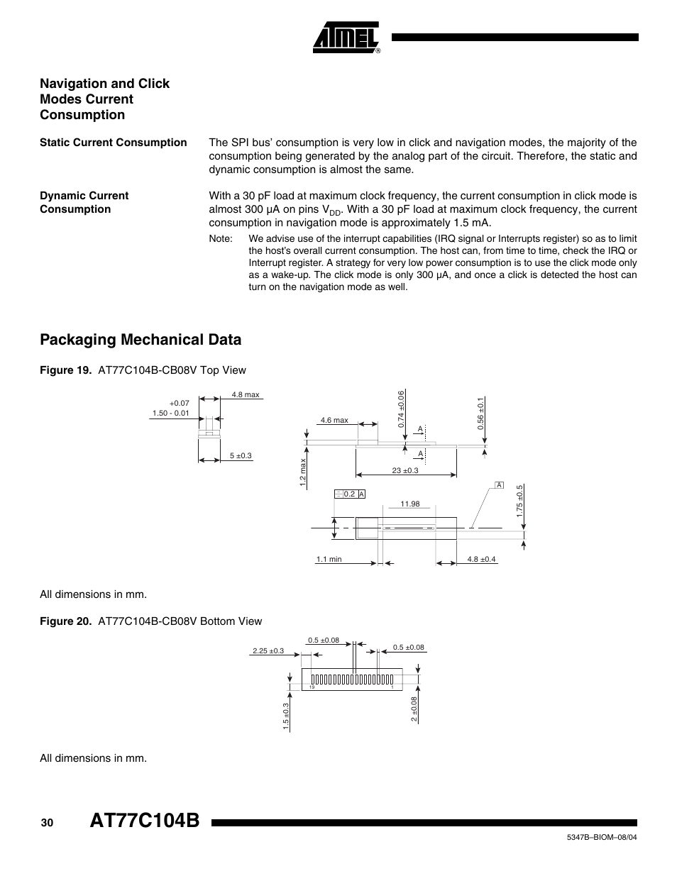 Navigation and click modes current consumption, Static current consumption, Dynamic current consumption | Packaging mechanical data | Rainbow Electronics AT77C104B User Manual | Page 30 / 36