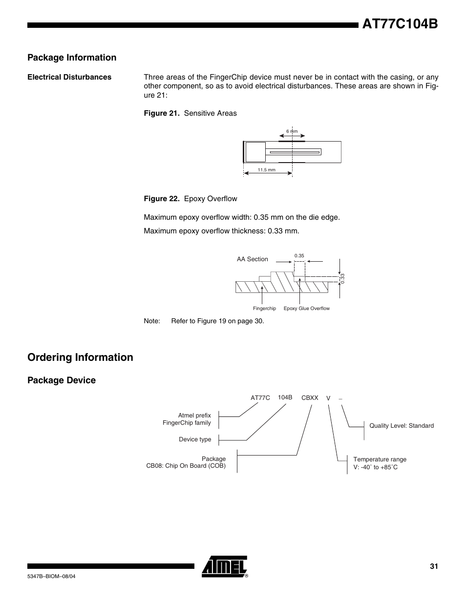 Package information, Electrical disturbances, Ordering information | Package device | Rainbow Electronics AT77C104B User Manual | Page 31 / 36