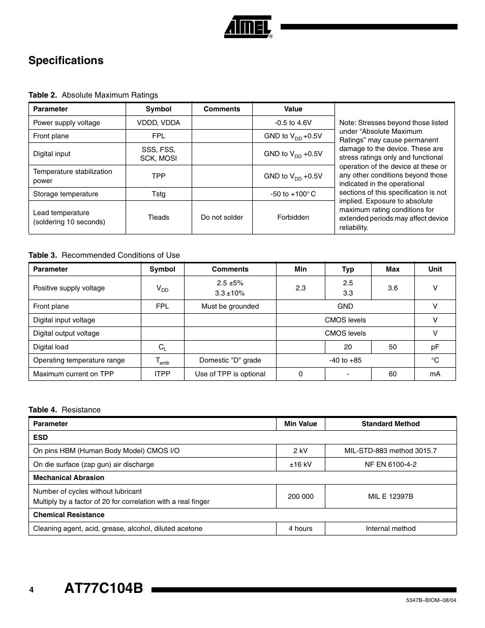 Specifications | Rainbow Electronics AT77C104B User Manual | Page 4 / 36