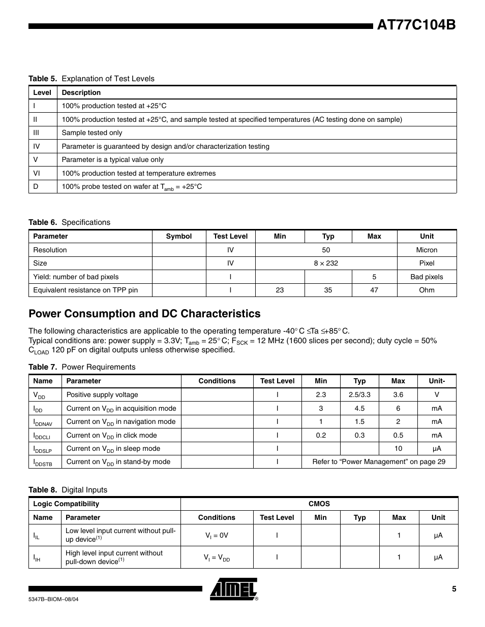 Power consumption and dc characteristics | Rainbow Electronics AT77C104B User Manual | Page 5 / 36