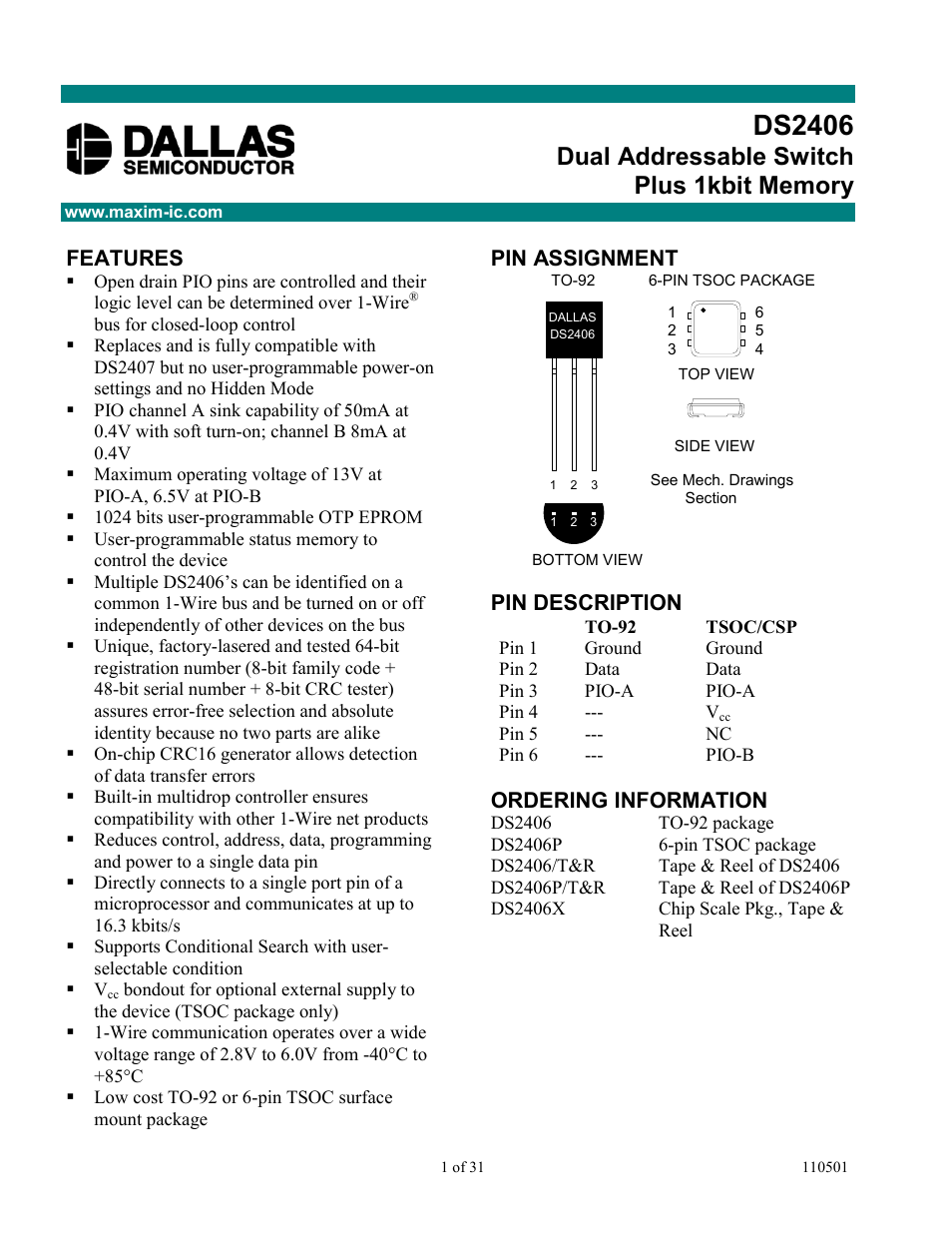 Rainbow Electronics DS2406 User Manual | 31 pages