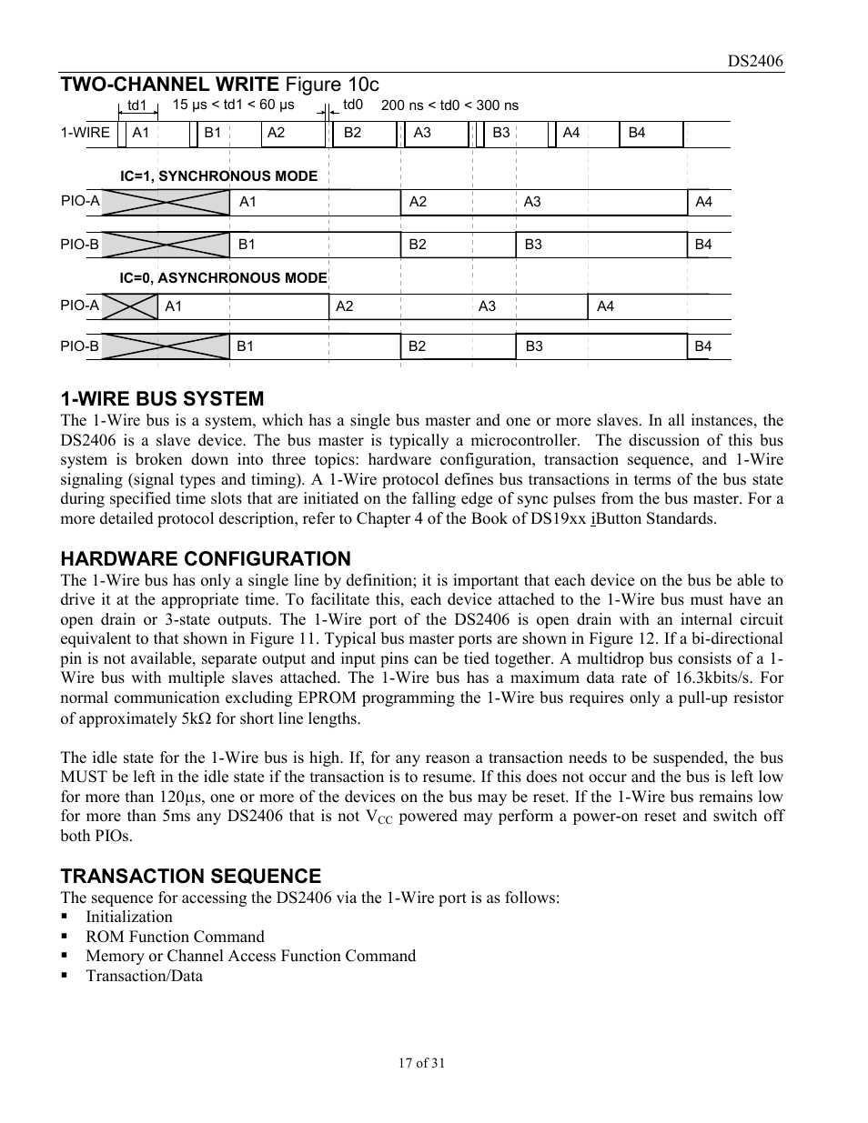 Two-channel write figure 10c, Wire bus system, Hardware configuration | Transaction sequence | Rainbow Electronics DS2406 User Manual | Page 17 / 31