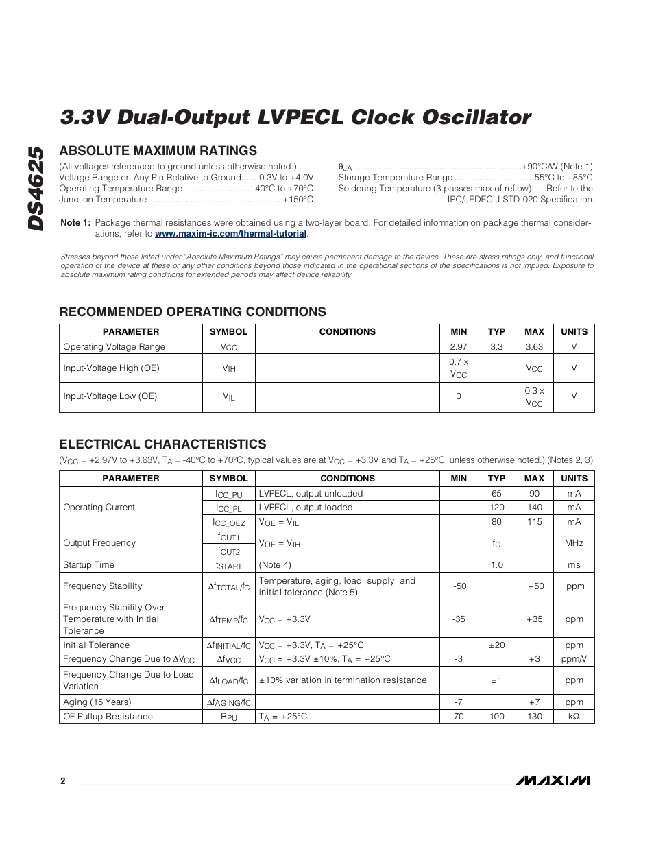 Electrical characteristics | Rainbow Electronics DS4625 User Manual | Page 2 / 6