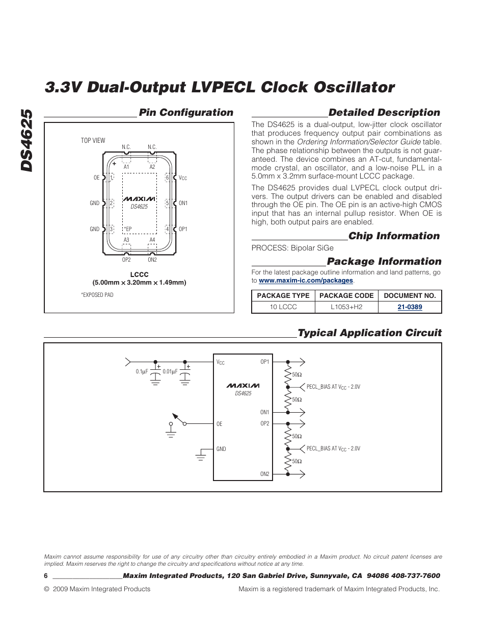 Detailed description, Chip information, Package information | Pin configuration, Typical application circuit | Rainbow Electronics DS4625 User Manual | Page 6 / 6