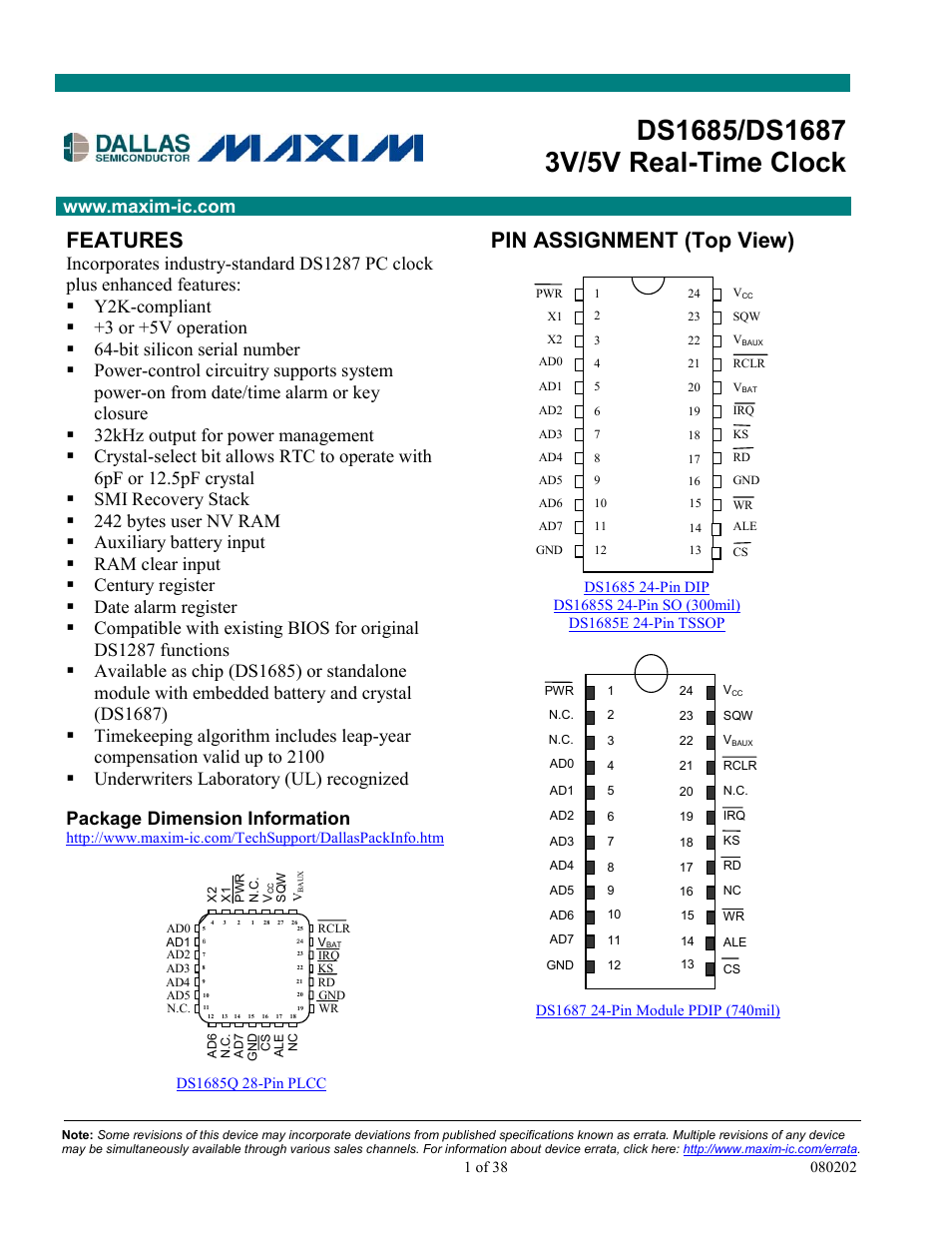 Rainbow Electronics DS1687 User Manual | 38 pages