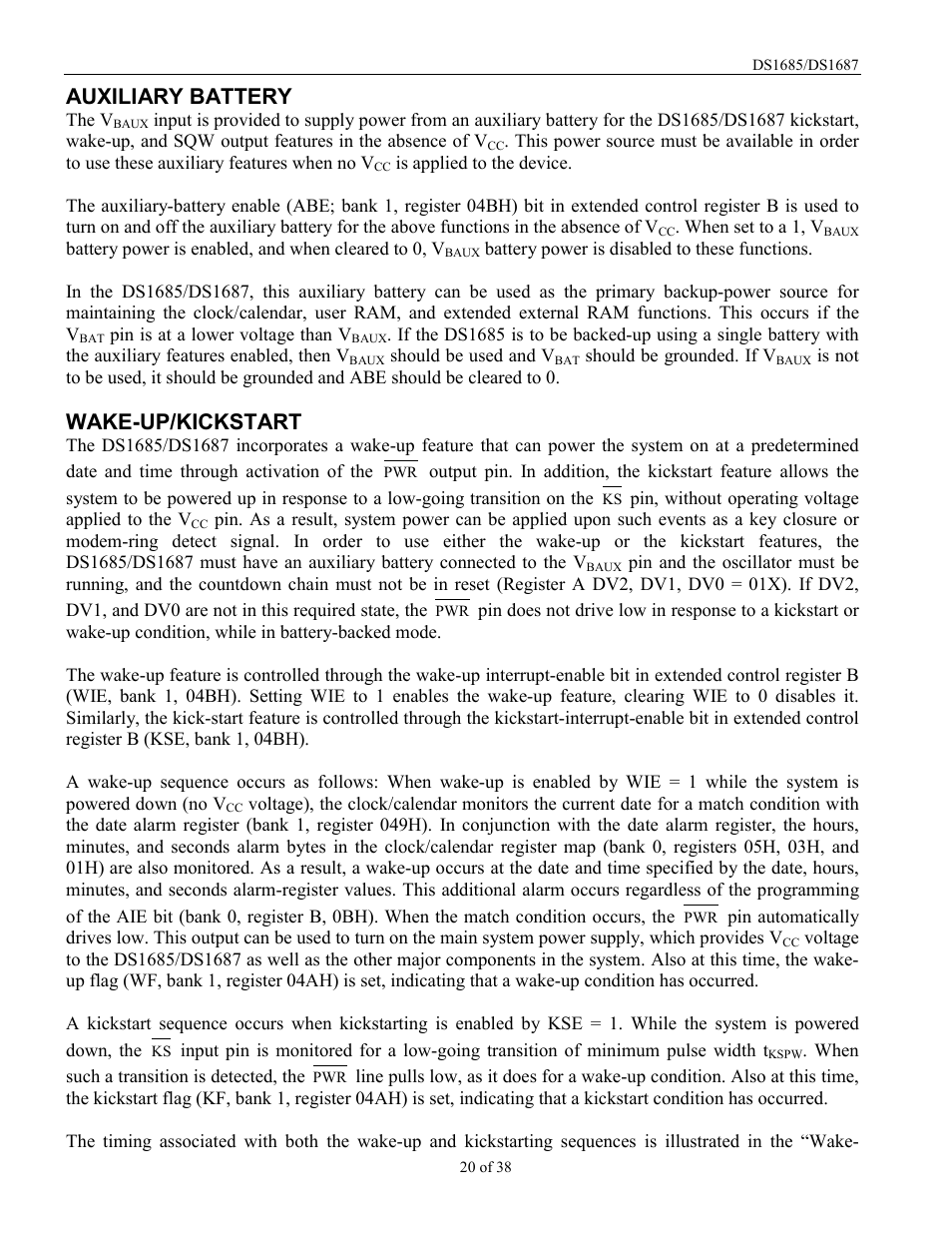 Auxiliary battery, Wake-up/kickstart | Rainbow Electronics DS1687 User Manual | Page 20 / 38