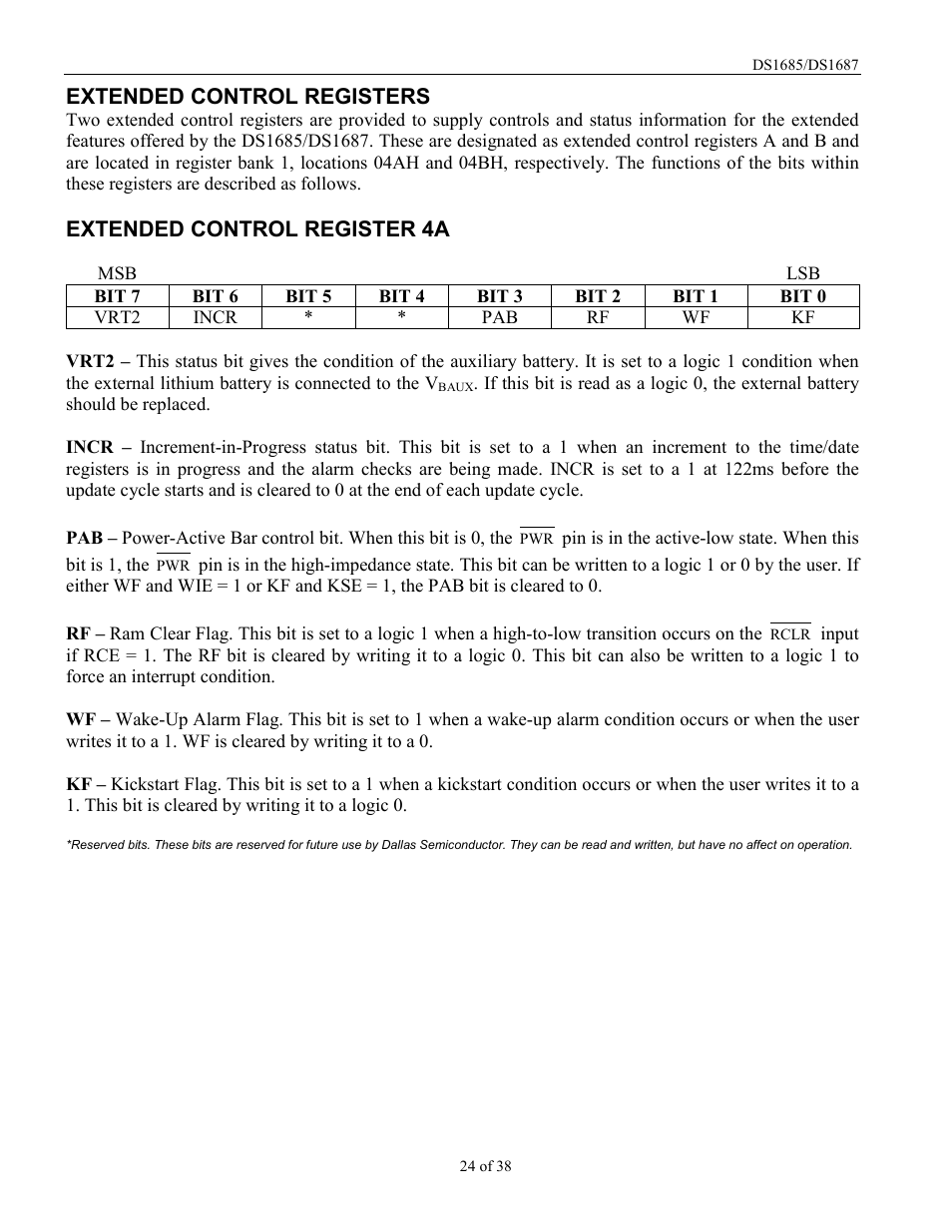 Extended control registers, Extended control register 4a | Rainbow Electronics DS1687 User Manual | Page 24 / 38