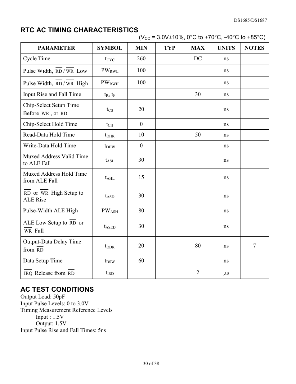 Rtc ac timing characteristics, Ac test conditions | Rainbow Electronics DS1687 User Manual | Page 30 / 38