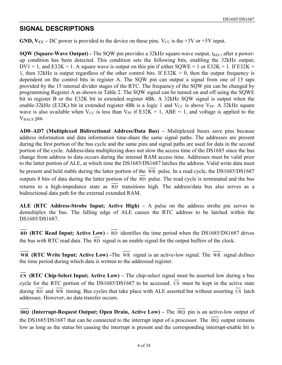 Signal descriptions | Rainbow Electronics DS1687 User Manual | Page 4 / 38