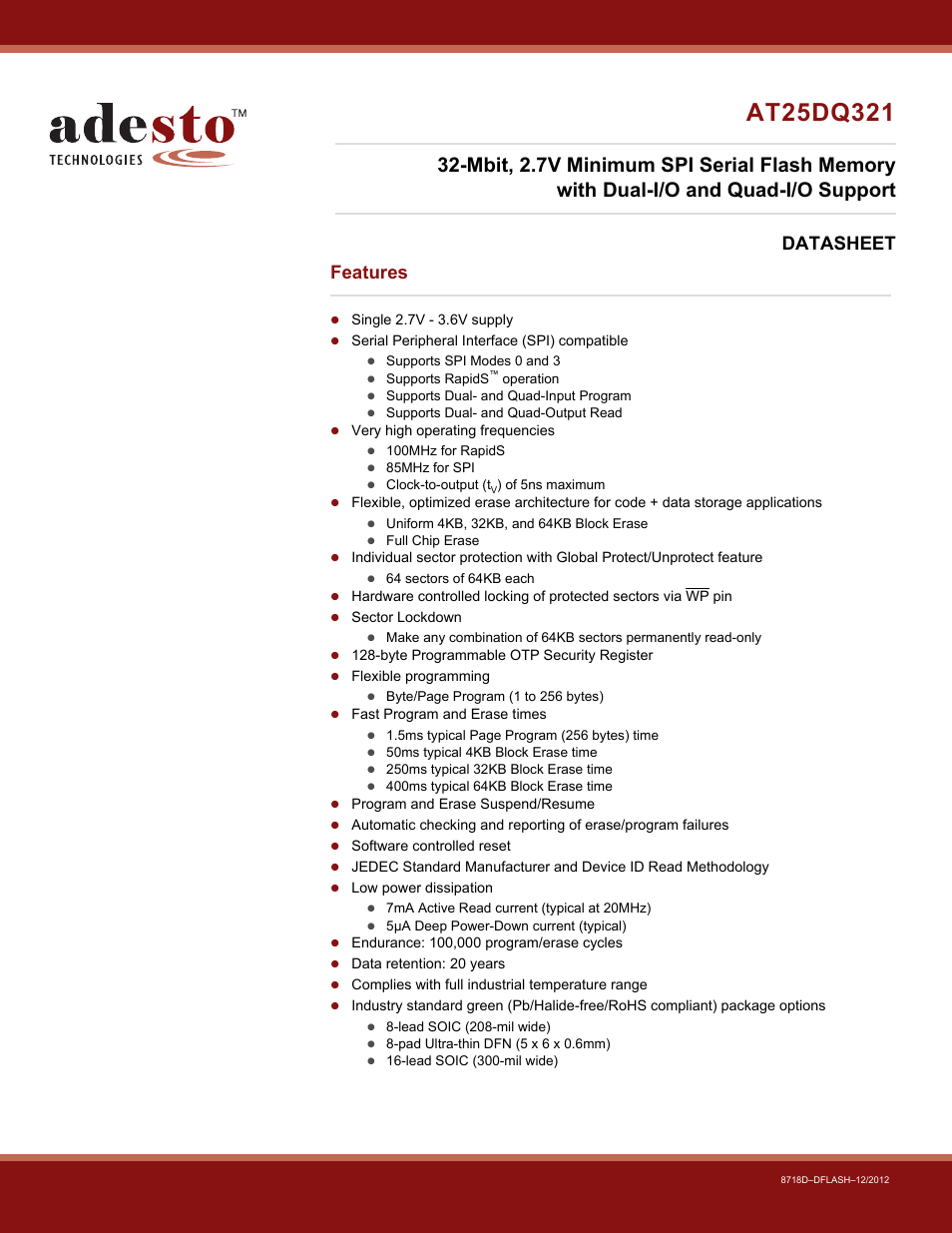 Rainbow Electronics AT25DQ321 User Manual | 64 pages