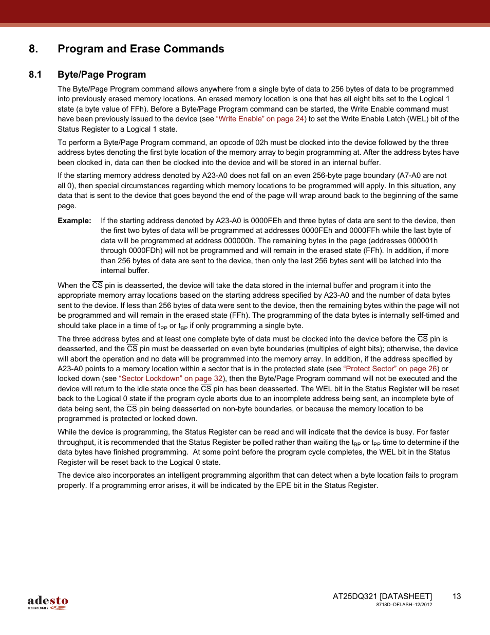 Program and erase commands, 1 byte/page program | Rainbow Electronics AT25DQ321 User Manual | Page 13 / 64