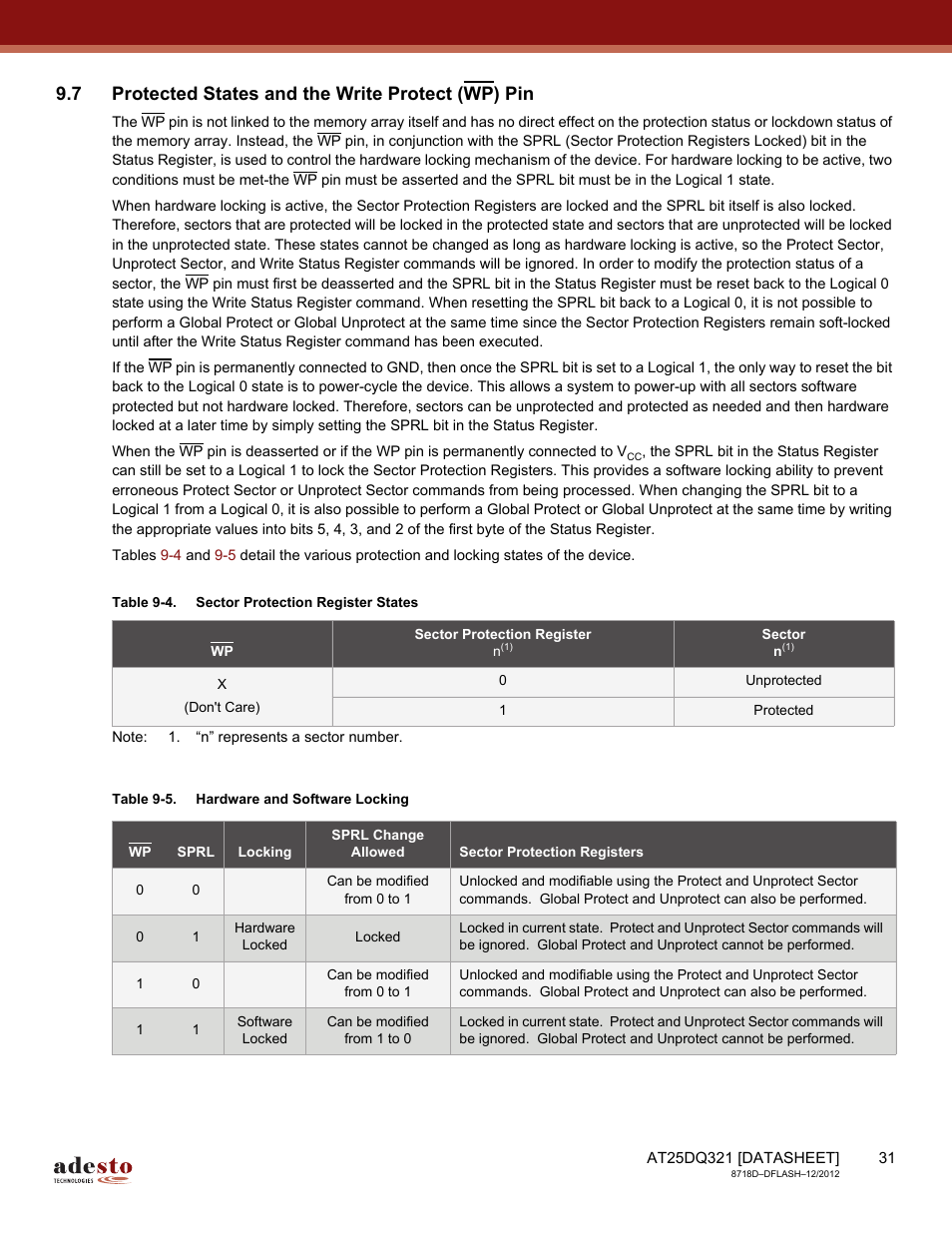 7 protected states and the write protect (wp) pin | Rainbow Electronics AT25DQ321 User Manual | Page 31 / 64