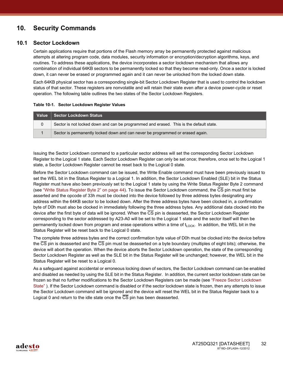 Security commands, 1 sector lockdown | Rainbow Electronics AT25DQ321 User Manual | Page 32 / 64
