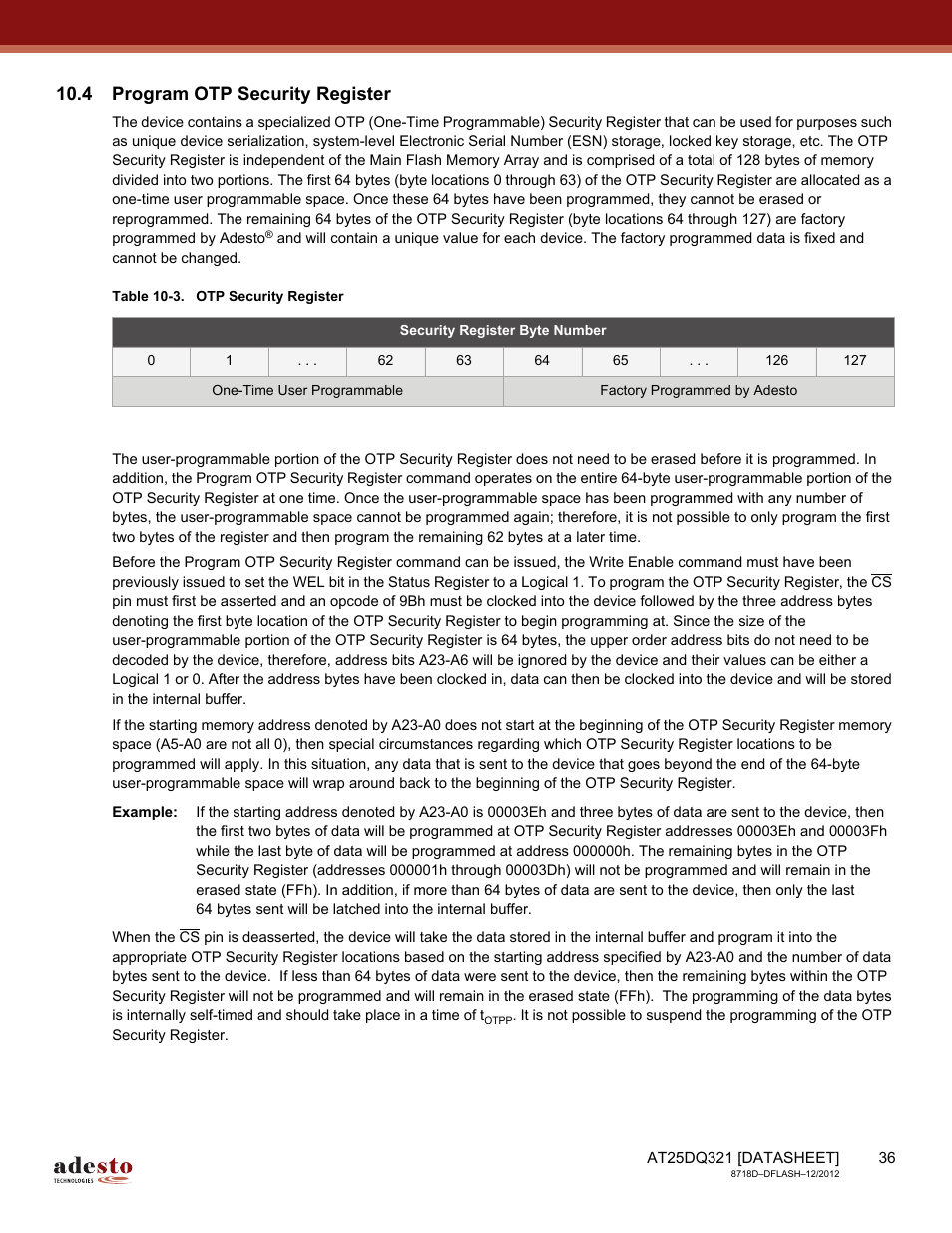 4 program otp security register | Rainbow Electronics AT25DQ321 User Manual | Page 36 / 64