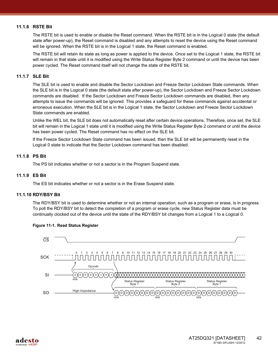 6 rste bit, 7 sle bit, 8 ps bit | 9 es bit, 10 rdy/bsy bit | Rainbow Electronics AT25DQ321 User Manual | Page 42 / 64