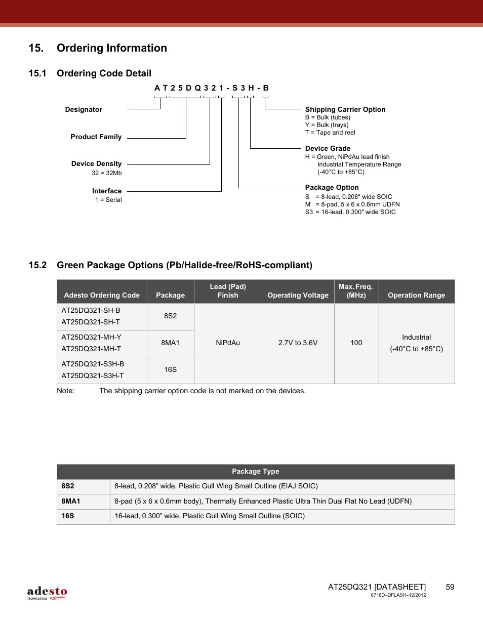 Ordering information, 1 ordering code detail | Rainbow Electronics AT25DQ321 User Manual | Page 59 / 64