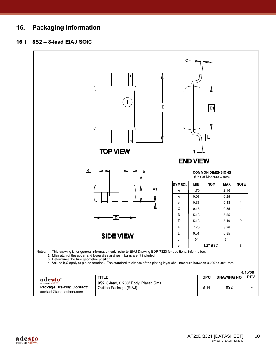 Packaging information, 1 8s2 – 8-lead eiaj soic, Top view | End view, Side view | Rainbow Electronics AT25DQ321 User Manual | Page 60 / 64